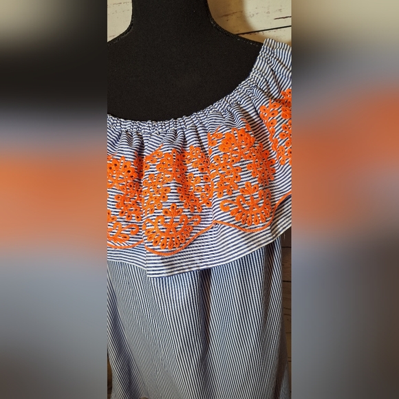 See& Be Seen Sz L Boho Off Shoulder Stripe Dress Orange Embroidered Ruffle #2057 - Picture 3 of 8